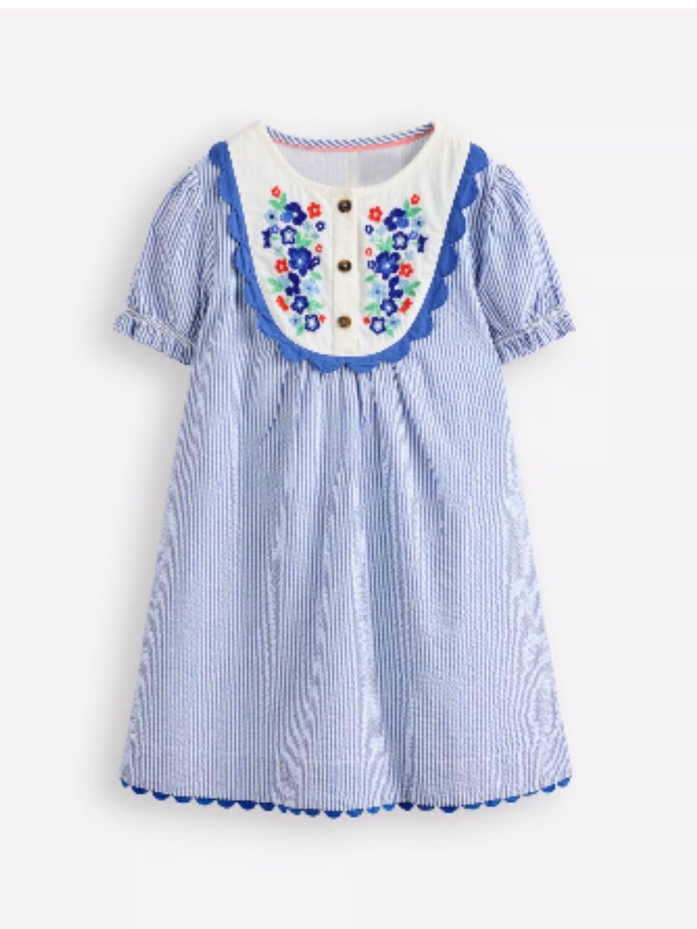 Mini Boden Embroidered Floral Seersucker Dress Blue Stripe 3–4Y